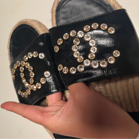 CHANEL Black and Tan Embellished Sandals - Picture 7 of 11